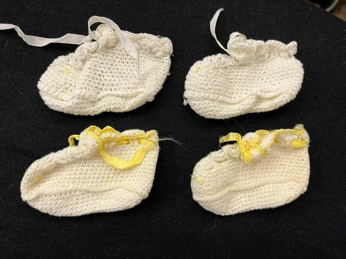 2 Pair of Vintage Crocheted Baby Booties White w/ Yellow Trim