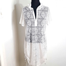 Dotti White See-Through Cover-up with Hoodie, Zipper Neckline, Size Large