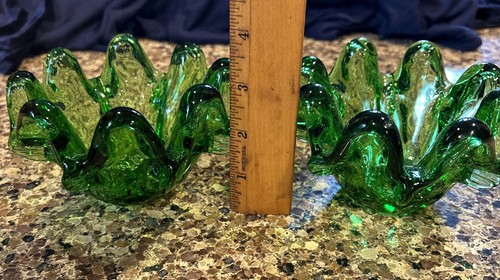 2 Vintage Italian Murano Style Art Glass Abstract Green Stretch Bowl Dish Vase - Picture 6 of 12