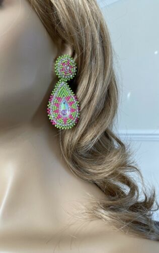 Handcrafted beaded Green Pink teardrop ethnic post earrings