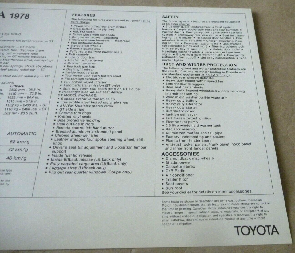 1978 TOYOTA CELICA GT COUPE LIFTBACK Brochure Prospekt Dépliant Catalogue Englis - Photo 2/2