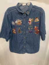 Women's L Bobbie Brooks Vintage Embroidered Denim Santa Christmas Short Sleeve