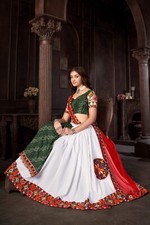 Navratri Special Green and white Mirror Bandhani lehenga choli with Red Duptta s
