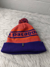 Patagonia Powder Town Pom Mens Beanie Orange Blue Knit Hat One Size