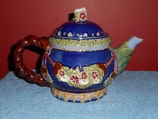 Vintage Majolica Pottery Teapot Hand Painted Relief Asian Plumb Blossoms Flowers