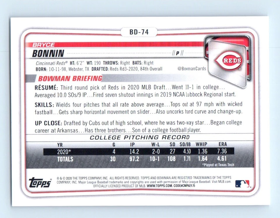 2020 Bowman Draft Bryce Bonnin Cincinnati Reds #BD-74 - Image 2 of 2