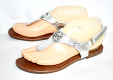 MICHAEL KORS Girls Meesha T-Strap Jewel Sandal Size 4 Metallic Silver Faux Lthr