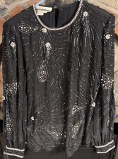 Vintage Womens Argenti Notte Silk Beaded Sequin Long Sleeve Sheer Blouse Large