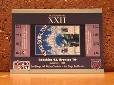 FOOTBALL CARD NEW FRESH FROM BOX PRO SET SUPER BOWL XXII TICKET REDSKINS BRONCOS