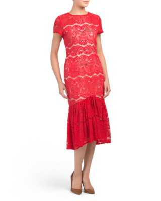 NWT Anthropologie Vone Red Midi Cap Sleeve Lace Sheath Dress Size