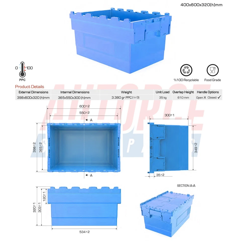 Attached Lid Containers, Heavy Duty Attached Lid Crate Storage Boxes Grey Blue - Image 2 of 4