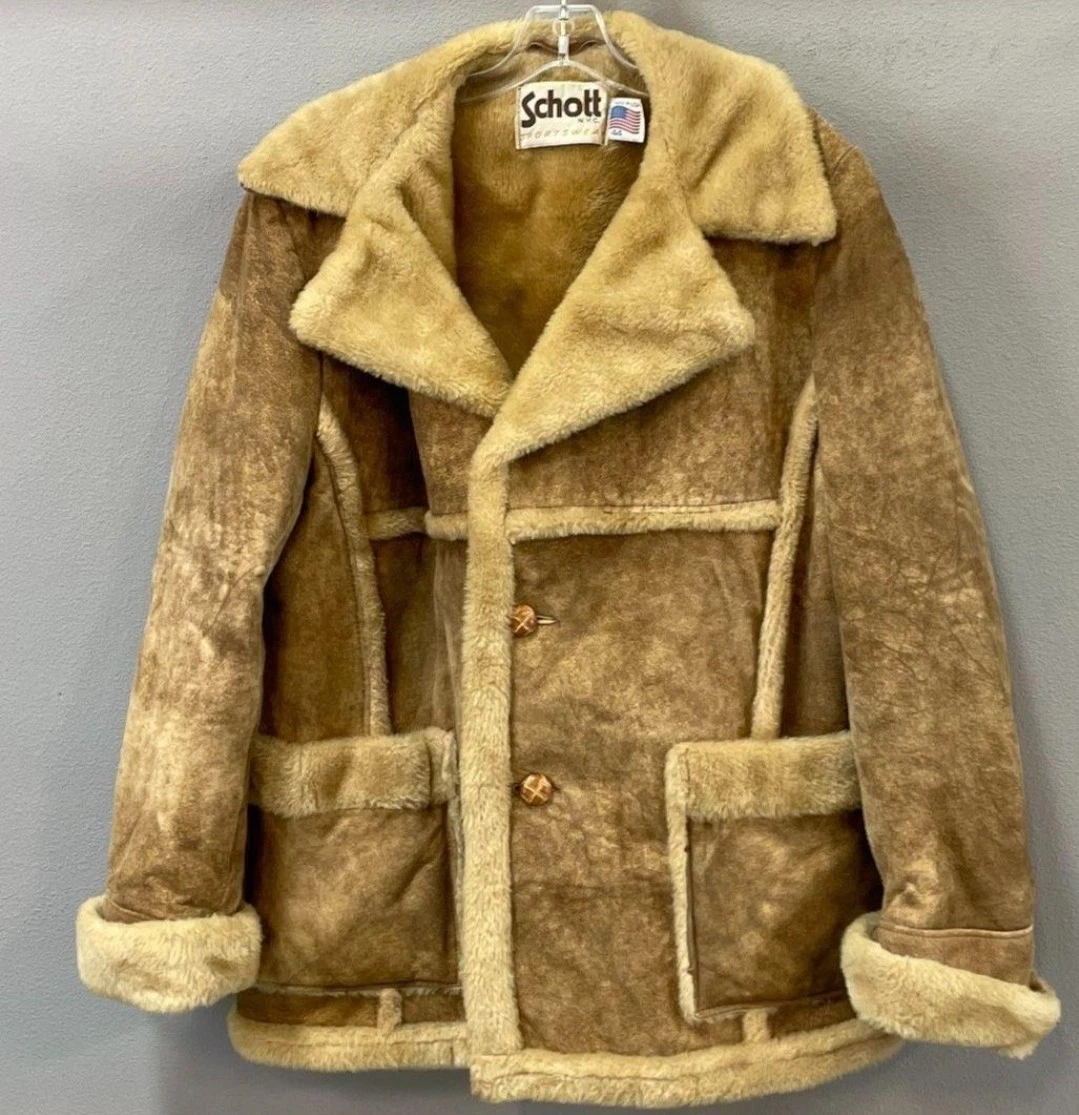Abrigo de piel de oveja de gamuza sintética marrón Schott vintage para hombre talla 44 hecho en EE. UU. USADO EN EXCELENTE ESTADO Ver