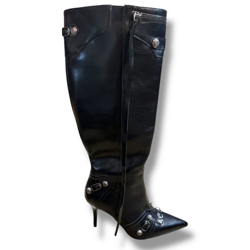 Sexy Knee High Boots Stiletto Heel Pointed Toe Buckle Detail Black Dupe Sz 7.5 - Picture 16 of 23