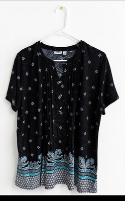 Croft & Barrow Womens Large Dark Navy Print Blouse Short Sleeve High Low