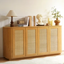 64''Sideboard Buffet Cabinet with Storage with 4 Rattan Doors Adjustable Shelves
