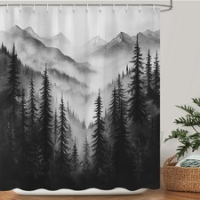 Mountain Forest Shower Curtain Black Rustic Woodland Tree Nature Mens Shower ...