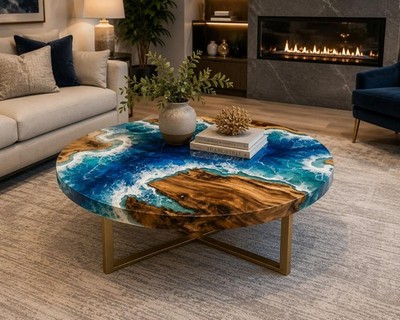 18''Round Walnut Blue Ocean Epoxy Resin Coffee Table Top Handmade River Table