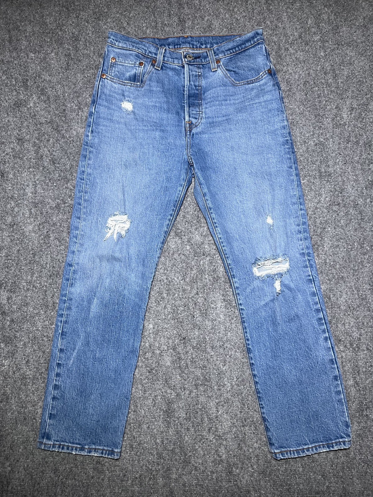 Levi's 501 Jeans Blue Button Fly Straight Fit Denim Pant Size 28 x 26 Distressed