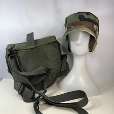 Military Vintage Camo 7 1/8 Hat Green US Army + M40 Gas Mask Bag OD