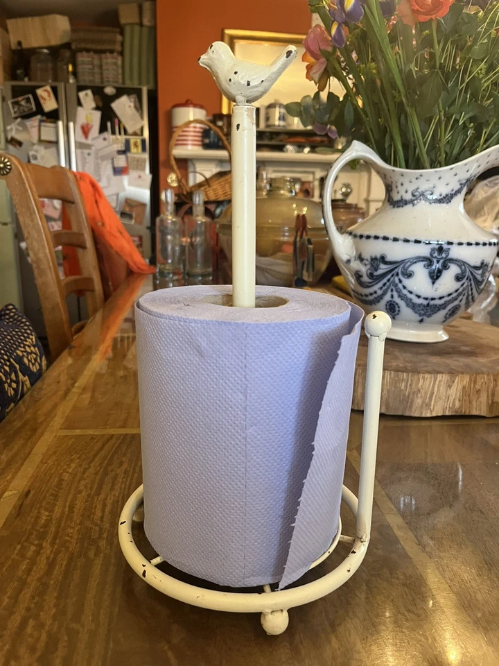 Rustic Metal Kitchen Paper Towel Holder. Cream. Distressed. Bird finial. - Image 4 of 4