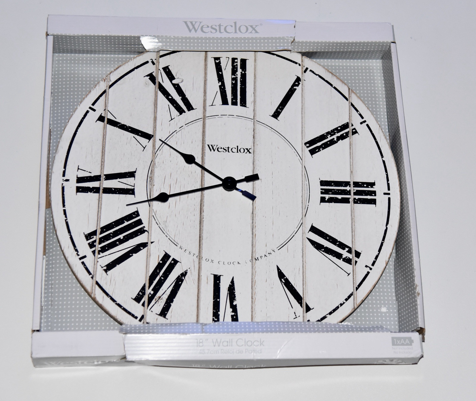 38018- 18" Whitewash Wood Wall Clock with Distressed Finish