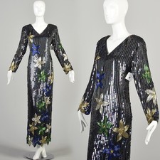 Medium 1970s Fully Sequined Long Sleeve Maxi Dress Striped Floral Sequin Gown