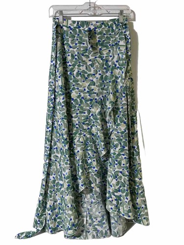 Simplee Allover Green Blue Floral Print Ruffle Wrap Hem Tie Side Boho Skirt - Picture 4 of 13