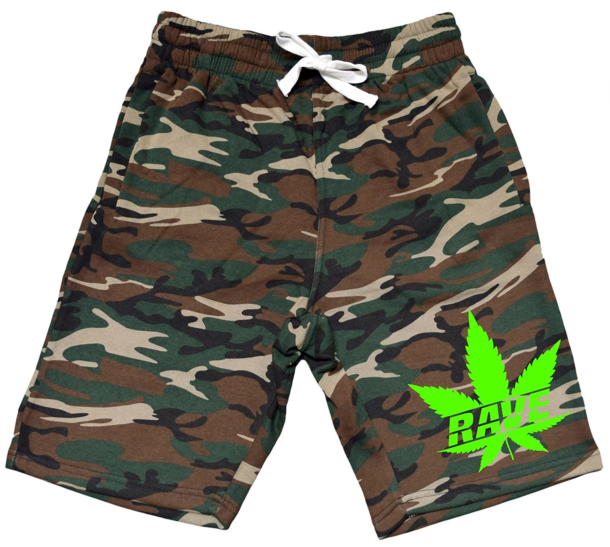 Men's Rave Weed Leaf Fleece Camo Shorts Sweatpants Kush Neon