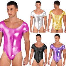 Men's Metallic Shiny Leotard Bodysuit Wet Look Short Sleeve Jumpsuit Club Wear