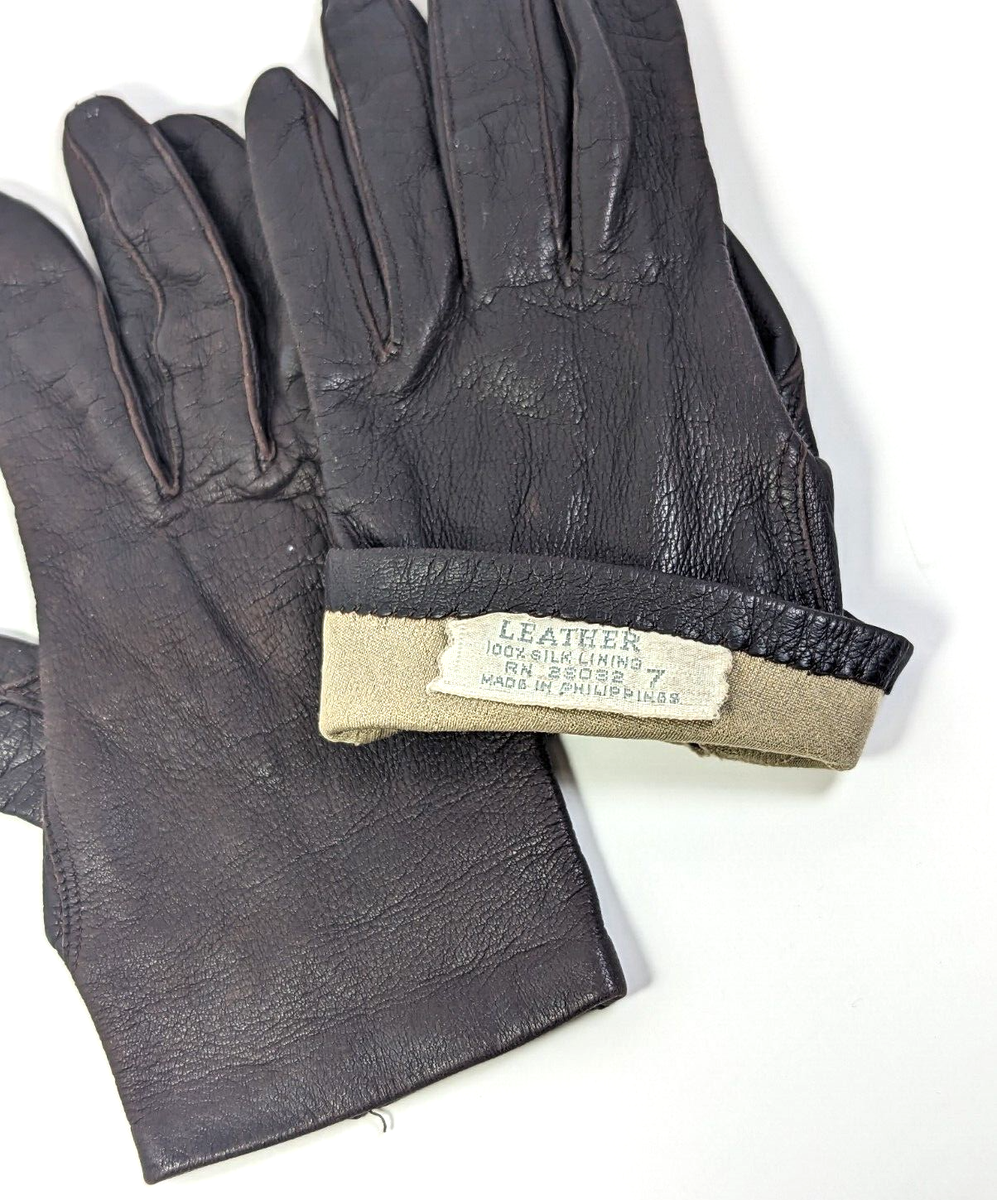 ph Vintage Brown Leather Gloves 100% Silk Lining Philippines SIZE 7