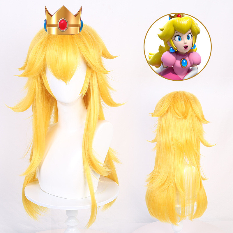 Mersi Girls Princess Peach Wig Blonde Costume Set - Includes Crown, Necklace, Earrings & Fairy Wand For Dress-Up Parties (S101)