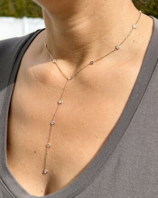 14k Rose Gold Round Cut Lab Diamond By The Yard Y Style Necklace Bezel 0.75ctw