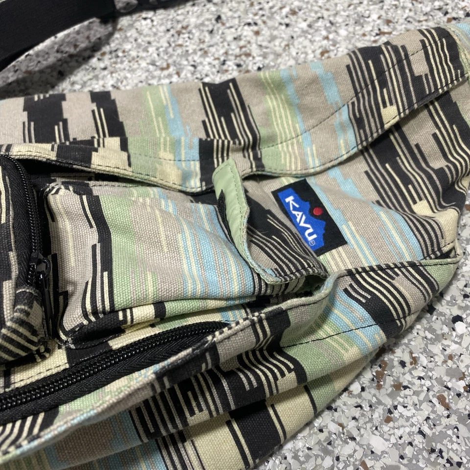 KAVU Rope Sling Adjustable Crossbody Bag Green Tan Black White Maytide Ikat - Image 2 of 4