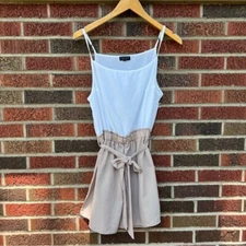 Streetwear Society White and Tan Spaghetti Strap Paper Bag Waist Belted Romper