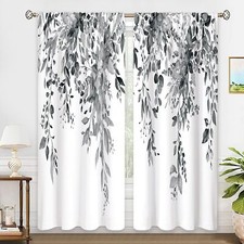 Grey Eucalyptus Botanical Leaves Floral Window Curtains Watercolor Black Whit...