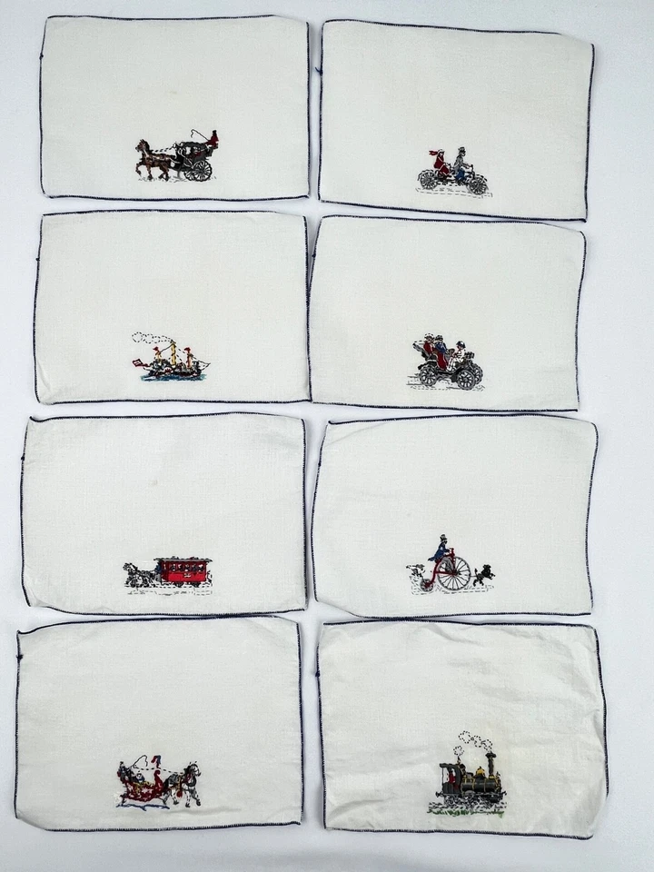 Lote De Colección De 8 Servilletas De Cóctel Bordadas Modos De Transporte Tren Barco Foto 2 de 4