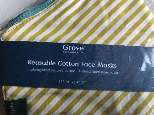 REUSABLE COTTON ADULT FACE MASKS, SET OF 3, BY GROVE COLLABORATIVE,NEW PACKAGE - Picture 4 of 4