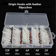 50Pcs 2X Strong Fishing Treble Hooks w/ Feather Dressed 2/4/6/8/10# Tackle USA