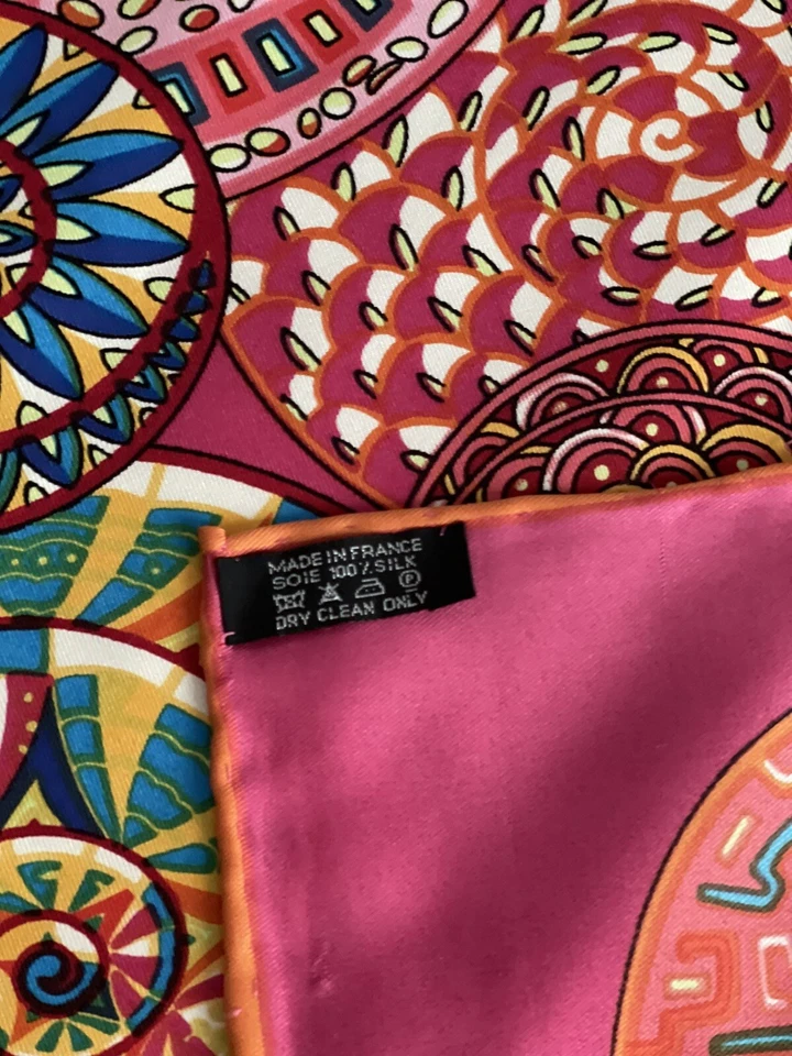 Pinwheel 100% Silk Scarf Pink Multi Colored With Orange Trim Made In France - Image 3 of 4