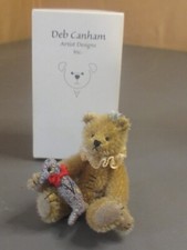 DEB CANHAM " OLD MATTIE MINIATURE MOHAIR BEAR- WITH CALICO PENQUIN- 3 3/4"