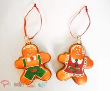 Gingerbread Man & Woman GLASS Dessert Christmas Holiday Ornaments.