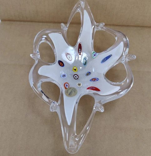 Murano Art Glass Freeform Candy Dish Millefiori White Pearlescent Bowl