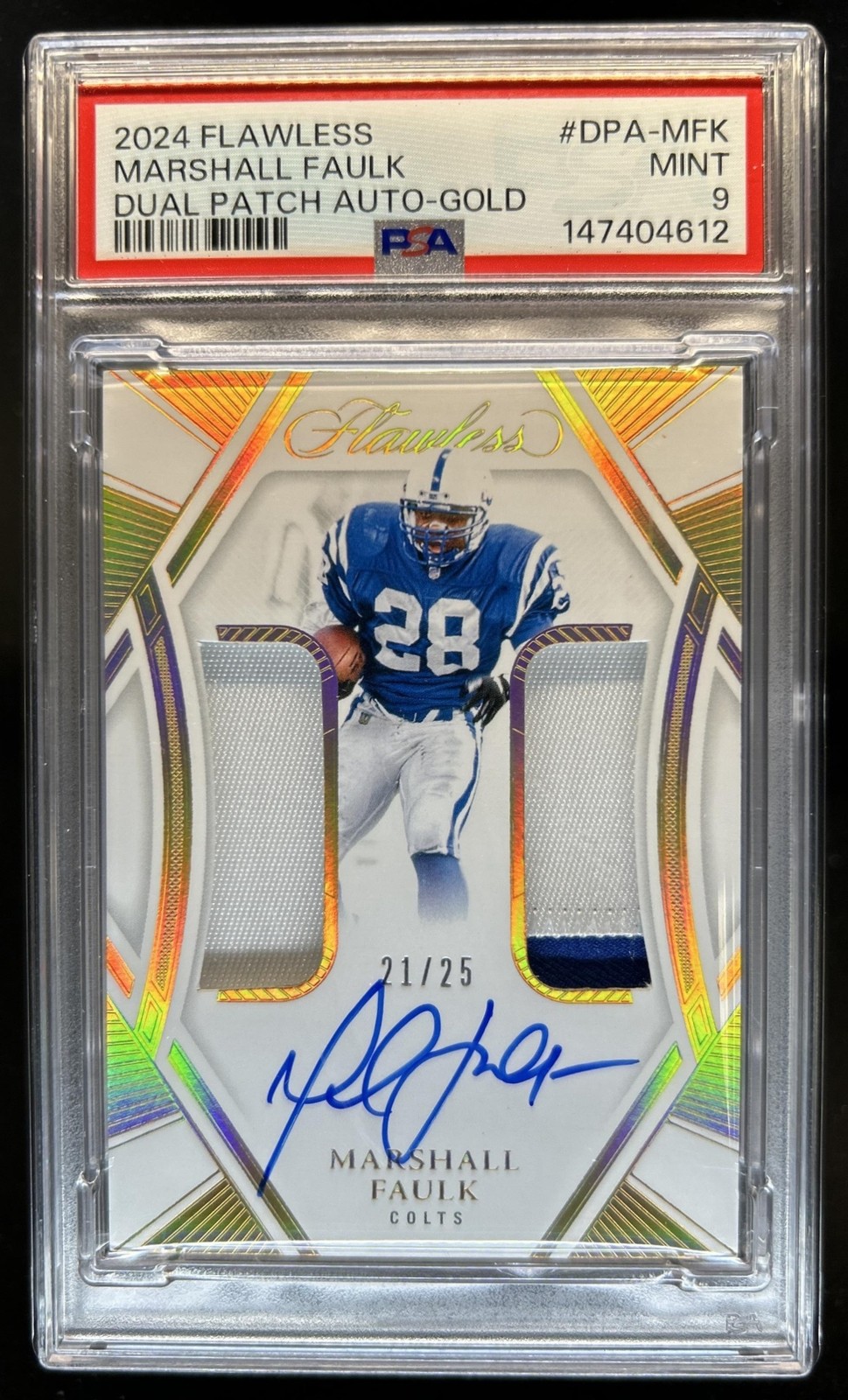 2024 Panini Flawless Marshall Faulk Dual Patch Auto Autograph #/25 Colts PSA 9 view 1