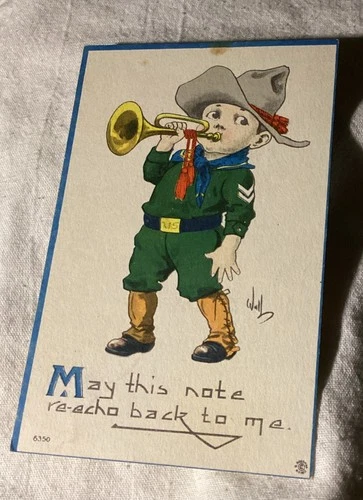 Vintage Postcard Little Soldier With Trumpet Bugle Military Uniform WWI