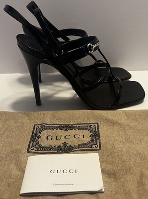 Gucci Divine Black Patent Silver Horsebit Strappy Heels NEW Size 41
