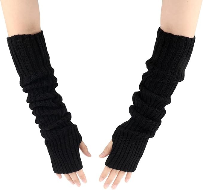 Black Arm Warmers for Women Girls, Knit Fingerless Gloves Winter Fingerless 