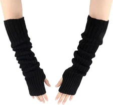Black Arm Warmers for Women Girls, Knit Fingerless Gloves Winter Fingerless 