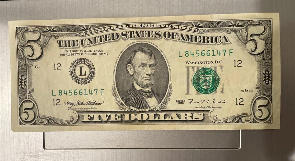 1995 Vintage 5 Dollar Bill San Francisco Federal Reserve - Image 2 of 4