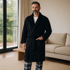 New Mens Perry Ellis Portfolio Herringbone Textured Black Fleece Robe One Size