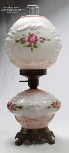 Vtg  FENTON Embossed Lion Heads & Pink Rose "Gone With The Wind" Parlor Lamp 21"